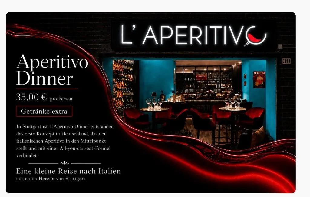 Aperitivo Dinner All you can eat bei L'Aperitivo Stuttgart-Botnang: 35 Euro pro Person, Getränke extra, Blick auf das Lokal