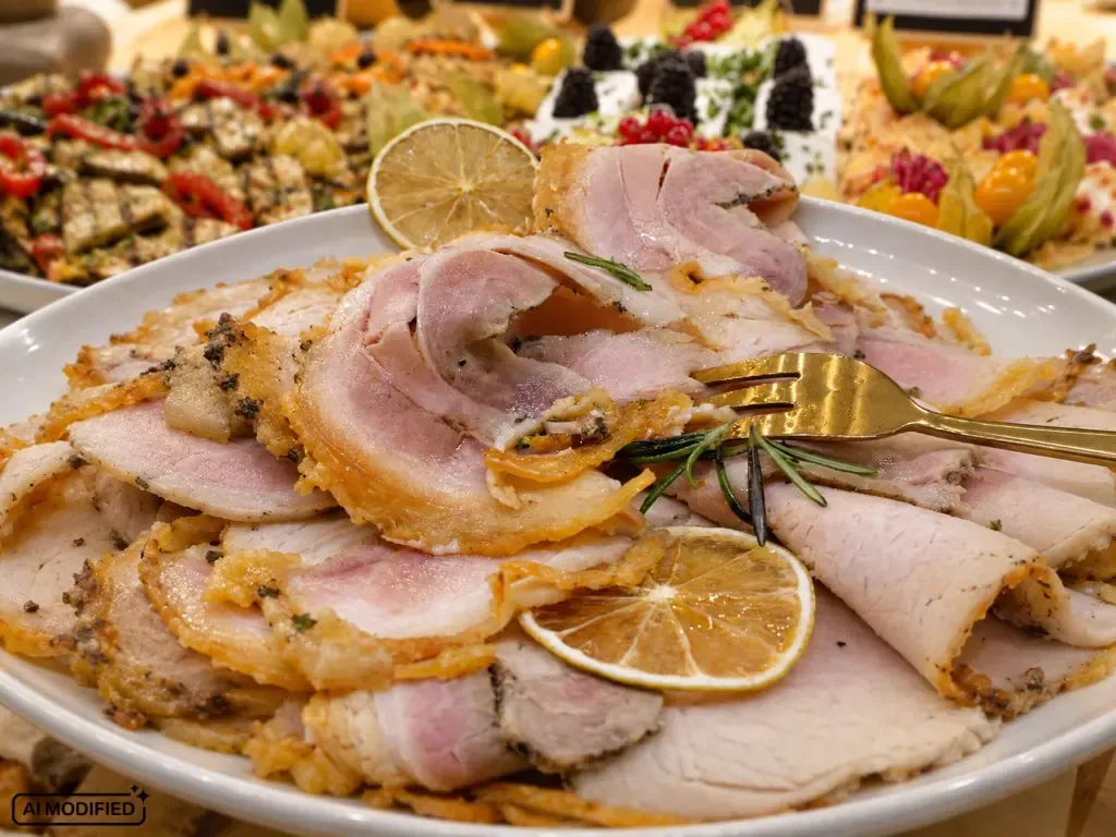 Aufgeschnittene Porchetta di Ariccia auf einem Teller, mit knuspriger Kruste, Zitrone und Rosmarin.